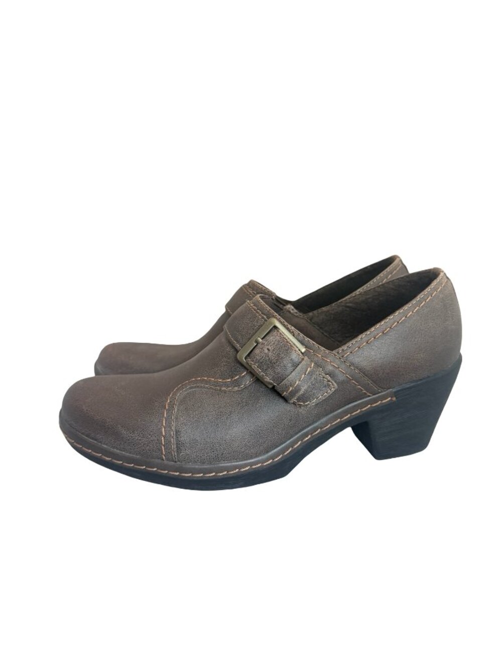 Clarks Bendables Freesia Clog Shoes Low Heel Buckle Leather Light Brown Size 8